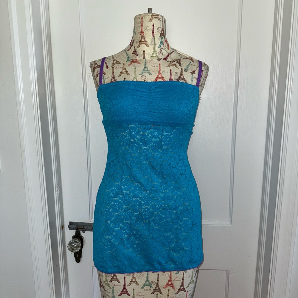 Vintage Italian Blue Lace Camisole with Purple Straps